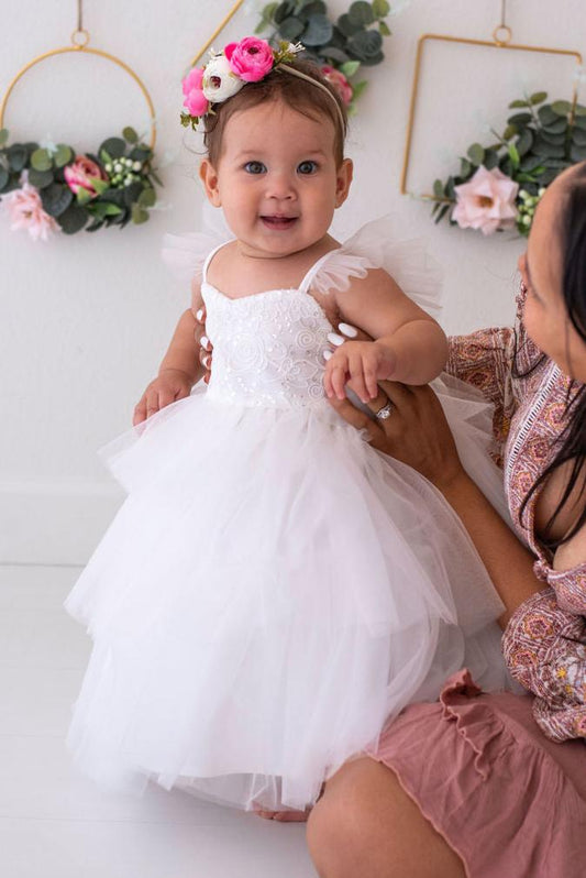 White flower girl dress with sequins