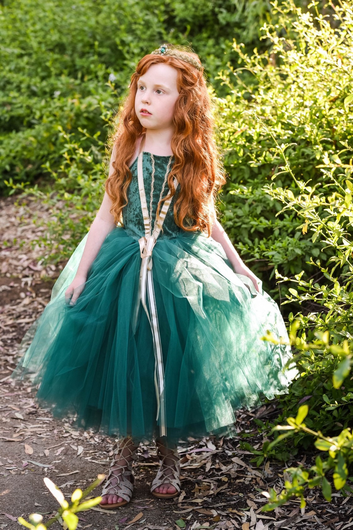 Green Meredith inspired costume dress for baby and toddler. Deep green with gold trim.