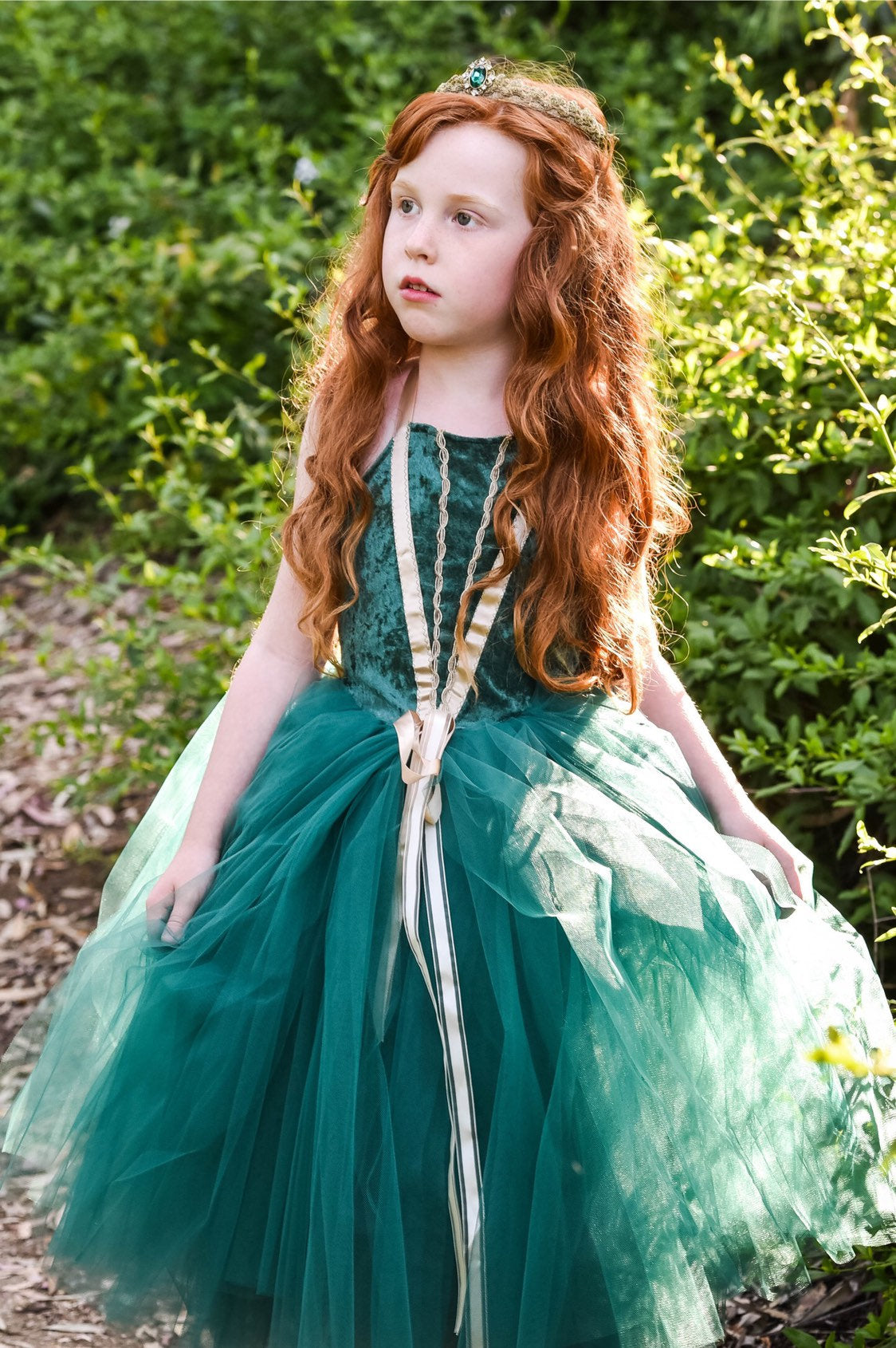 Green Meredith inspired costume dress for baby and toddler. Deep green with gold trim.