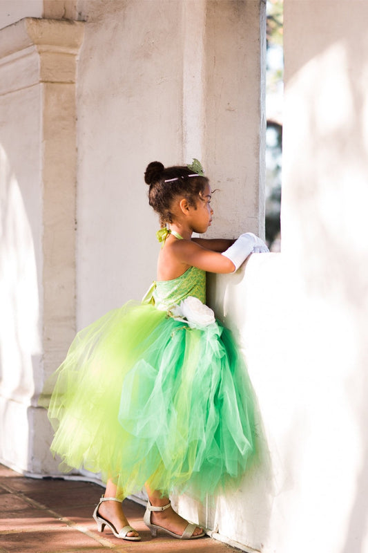 Green Tiana inspired tutu costume dress! Gorgeous green lace with green tulle dress skirt and trim! Baby toddler costumes!