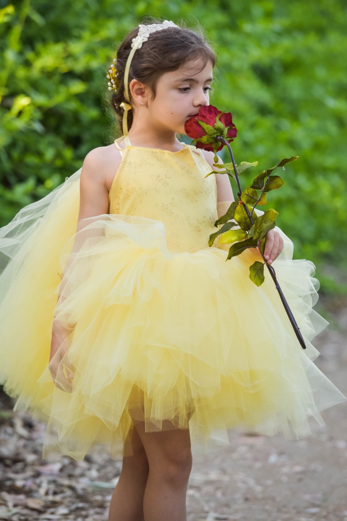 Yellow Belle inspired tutu costume dress! Gorgeous golden glitter top with golden tulle dress skirt! Baby toddler costumes!