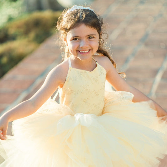 Yellow Belle inspired tutu costume dress! Gorgeous golden glitter top with golden tulle dress skirt! Baby toddler costumes!