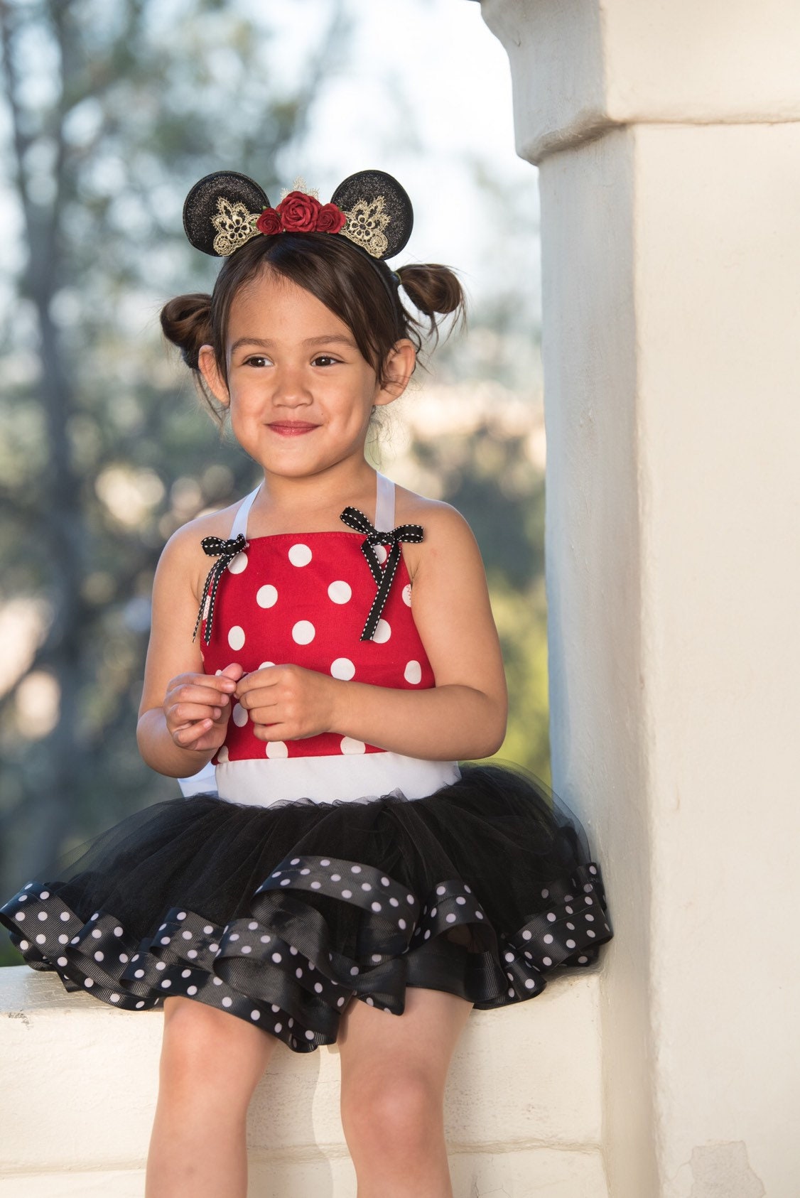 Red Minnie Mouse inspired tutu costume dress! Red or Pink - Polka dot top with black tulle with polka dots dress skirt! Baby toddler costume