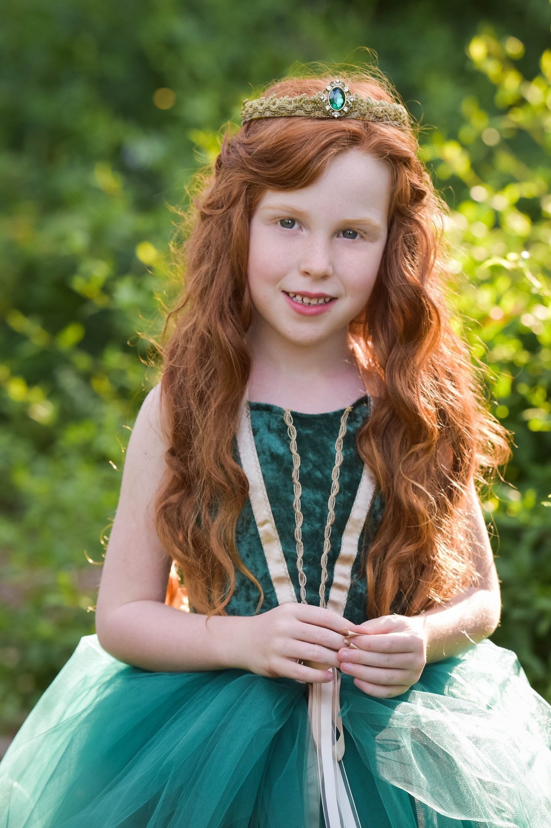 Green Meredith inspired costume dress for baby and toddler. Deep green with gold trim.