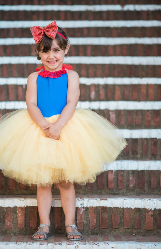 Yellow and Blue Snow White inspired tutu costume dress! Gorgeous blue top with red lace trim with res dress skirt! Baby toddler costumes!