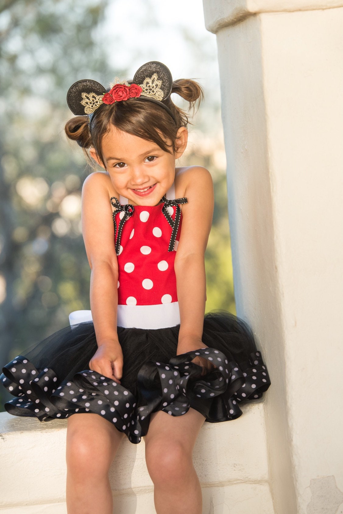 Red Minnie Mouse inspired tutu costume dress! Red or Pink - Polka dot top with black tulle with polka dots dress skirt! Baby toddler costume