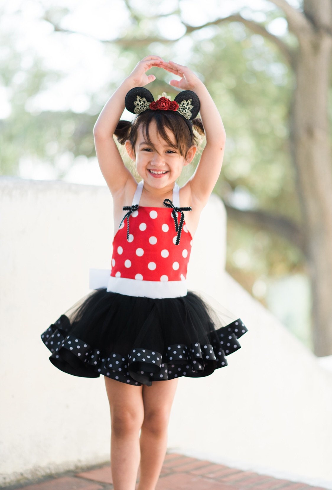 Red Minnie Mouse inspired tutu costume dress! Red or Pink - Polka dot top with black tulle with polka dots dress skirt! Baby toddler costume