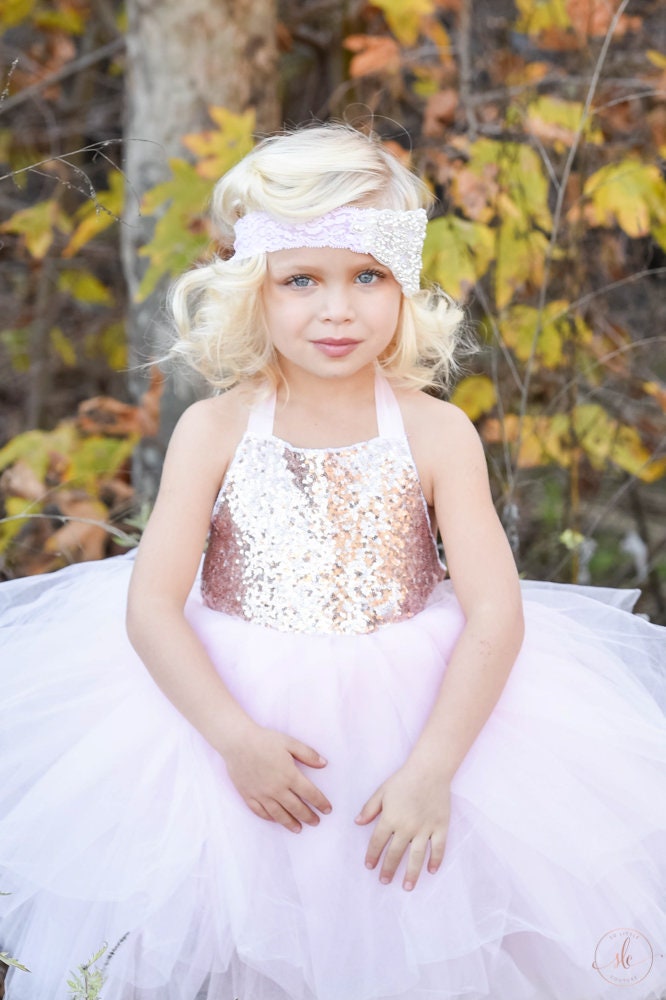 Pink Rose Gold Sequin Top Tutu Dress- Flower Girl, Birthday Girl any special occasion. - Light Pink