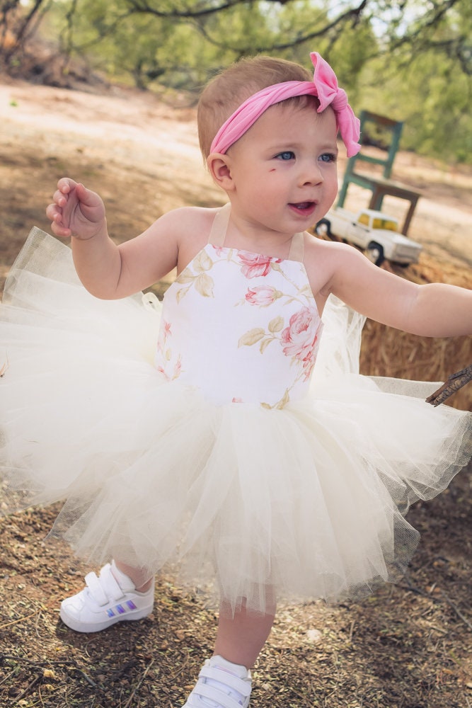 Floral Ivory and White Rose Tutu Dress