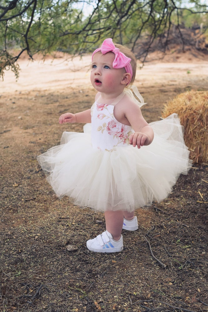 Floral Ivory and White Rose Tutu Dress