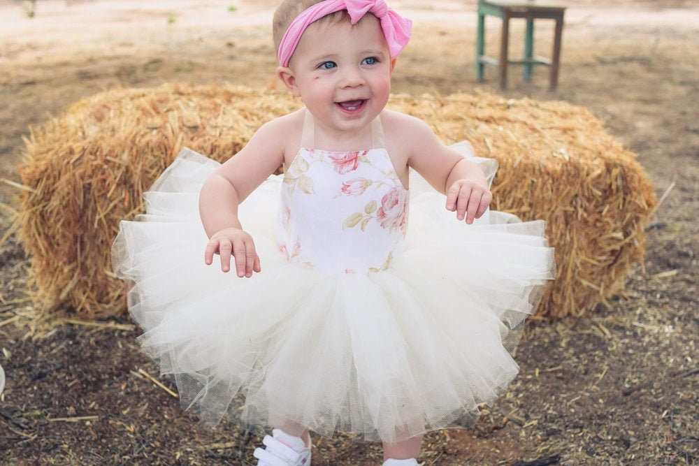 Floral Ivory and White Rose Tutu Dress