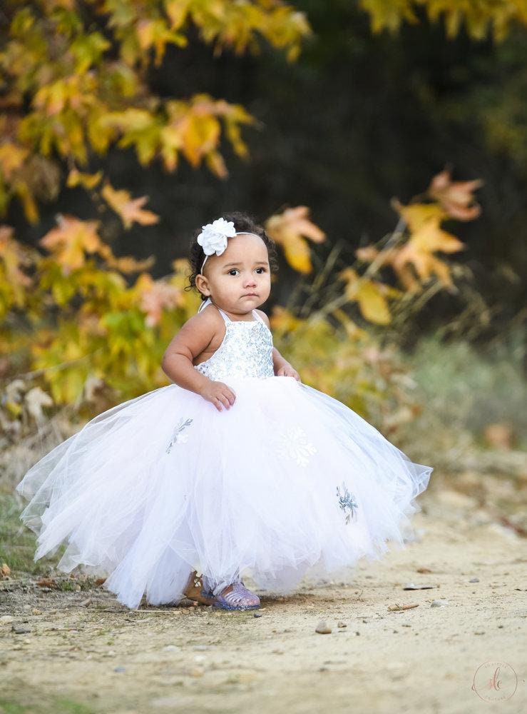 White, Pink and Silver Winter Wonderland Dress - Includes Snowflakes adorning the long skirt. Light pink, White and Silver Sequins!