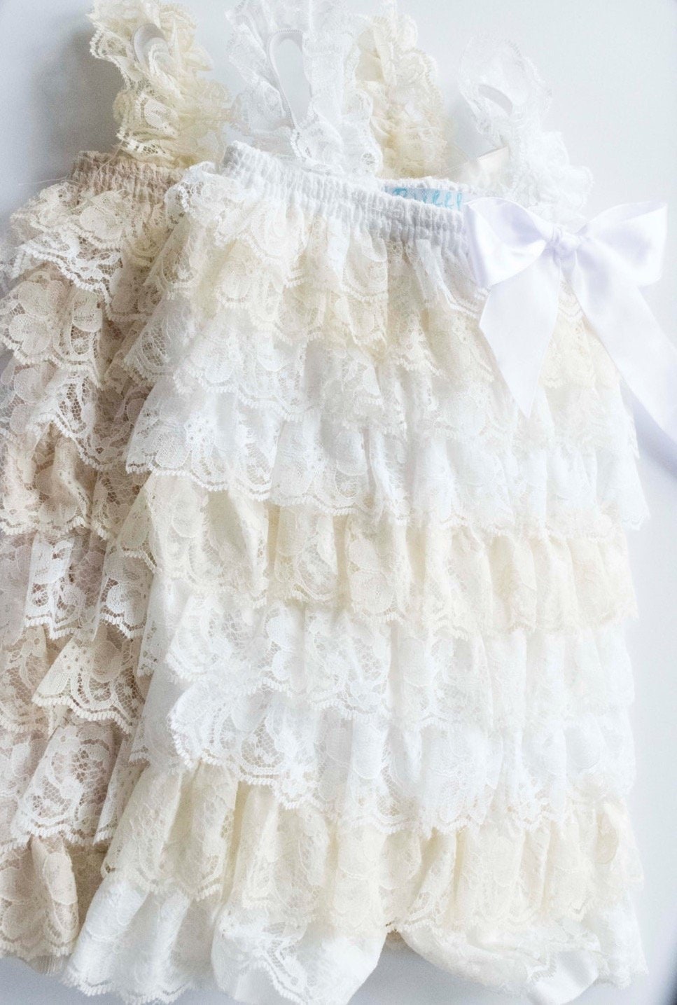 White Cream Sand - Lace Baby Romper in White & Cream Stripe Options