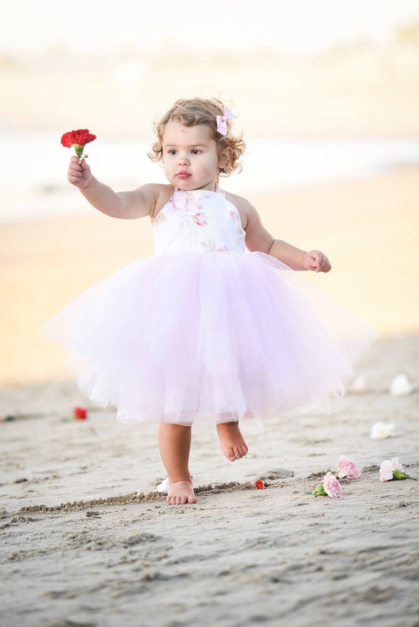 Pink Tulle and White Rose Tutu Dress