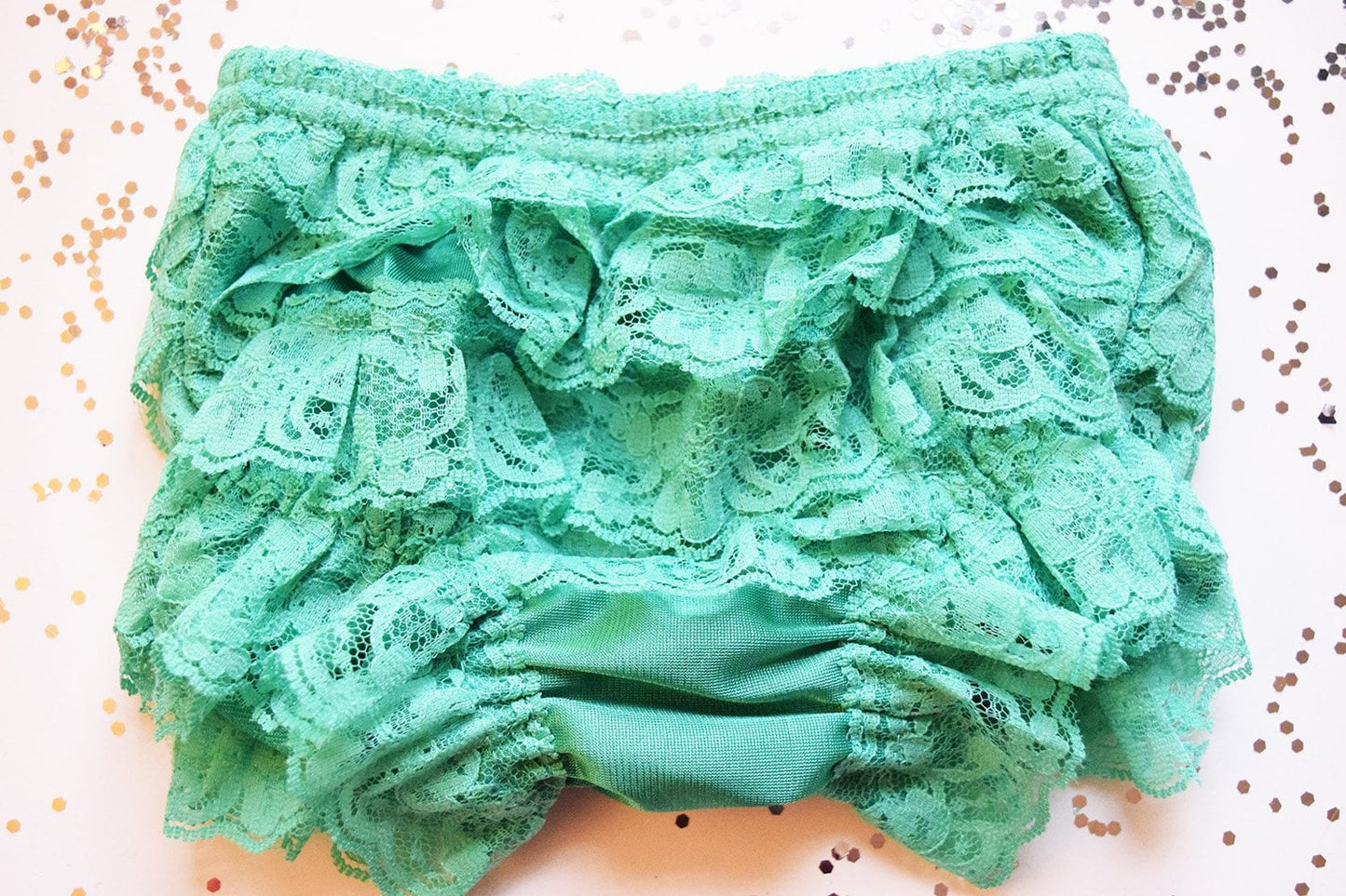 Green Lace Full Front and Back Ruffled Baby Bloomer