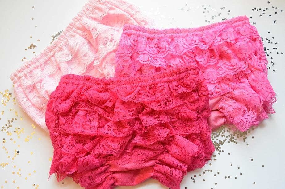 Pink Raspberry Pink Lace Full Front and Back Ruffled Baby Bloomer