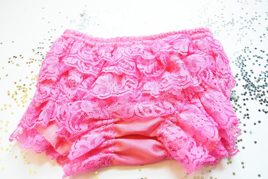 Pink Bubble Gum Vintage Look Lace Full Front and Back Ruffled Baby Bloomer