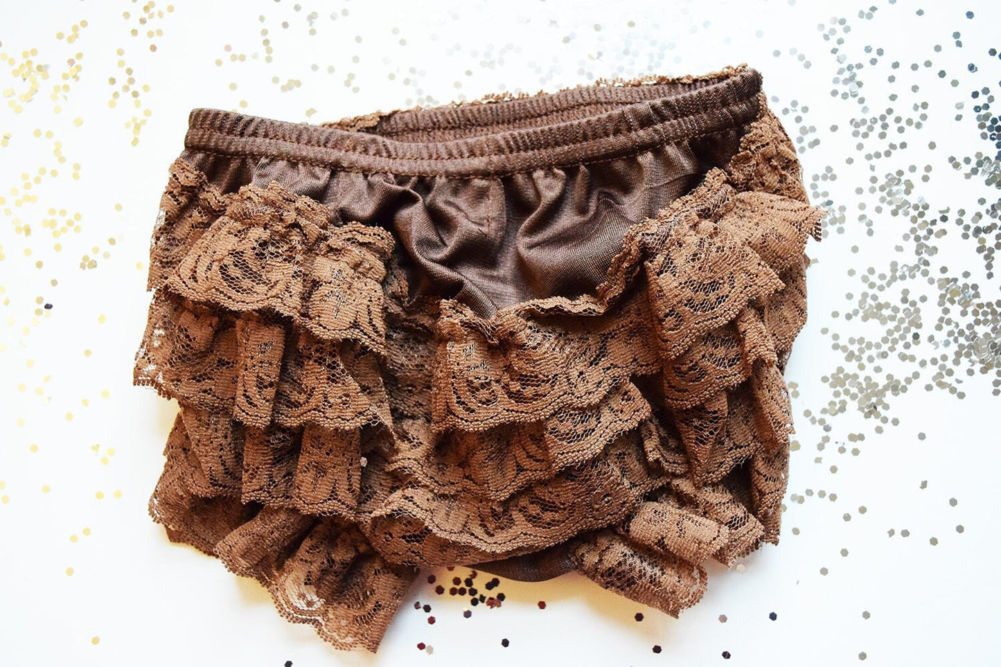 Brown Vintage Look Lace Full Front and Back Ruffled Baby Bloomer