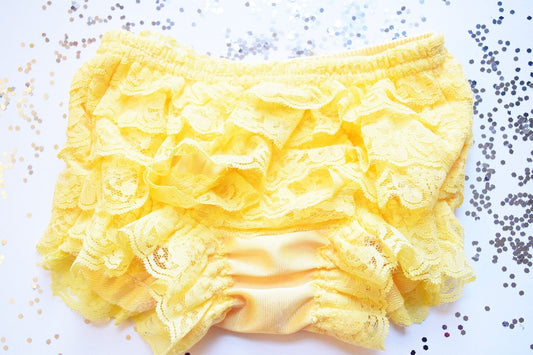 Yellow Vintage Look Lace Full Front and Back Ruffled Baby Bloomer