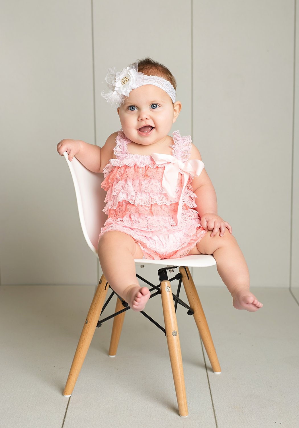 Pink and Coral Stripe Ruffled Lace Baby Romper