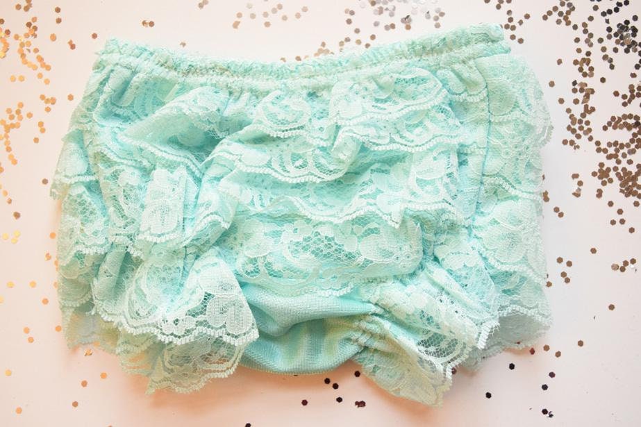 Blue Green Vintage Look Lace Full Front and Back Ruffled Baby Bloomer - Aqua Blue