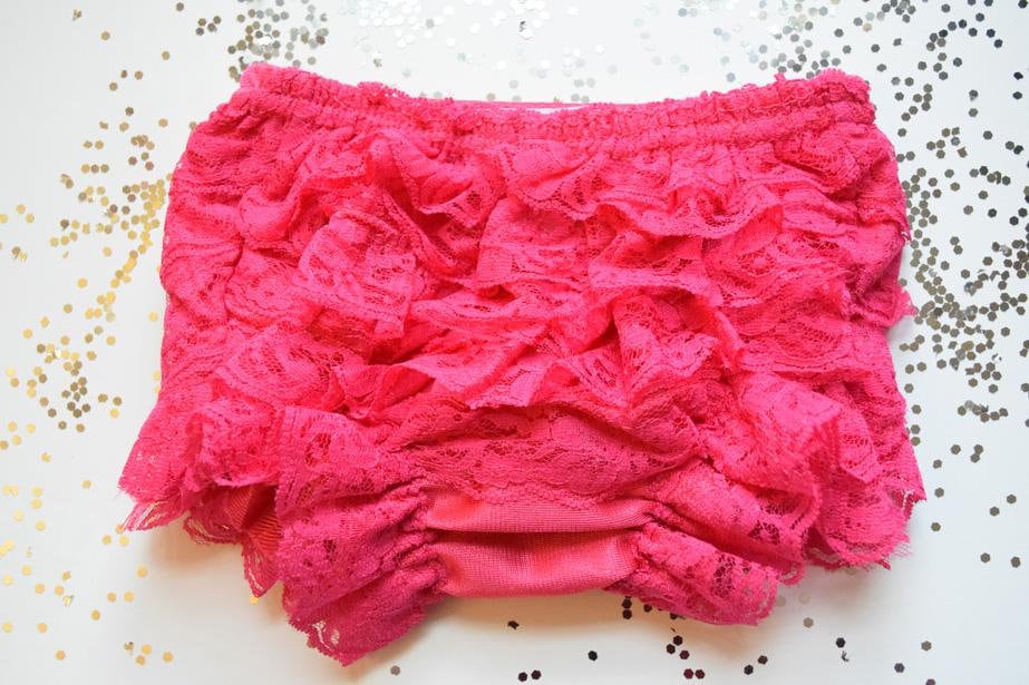 Pink Raspberry Pink Lace Full Front and Back Ruffled Baby Bloomer