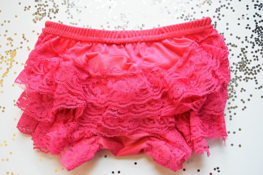 Pink Raspberry Pink Lace Full Front and Back Ruffled Baby Bloomer