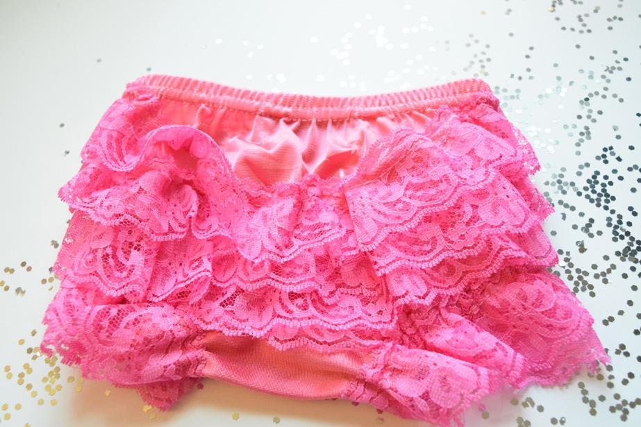 Pink Bubble Gum Vintage Look Lace Full Front and Back Ruffled Baby Bloomer