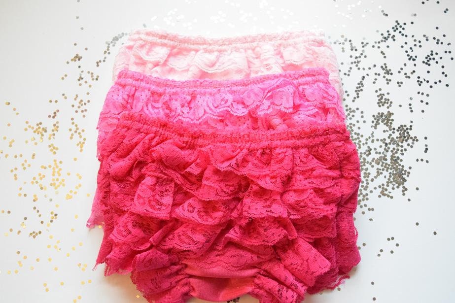 Pink Bubble Gum Vintage Look Lace Full Front and Back Ruffled Baby Bloomer