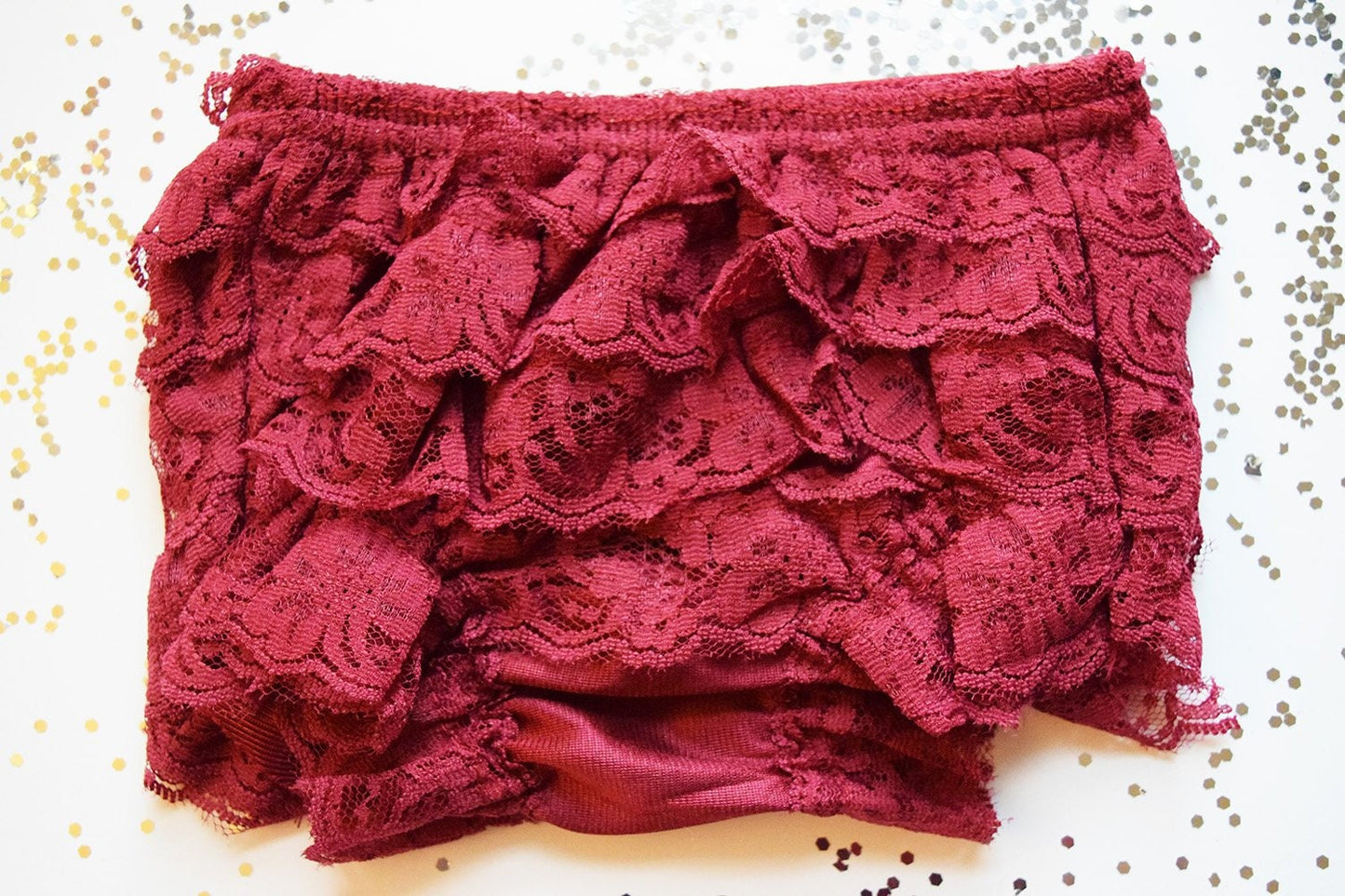 Red Maroon Vintage Look Lace Full Front and Back Ruffled Baby Bloomer