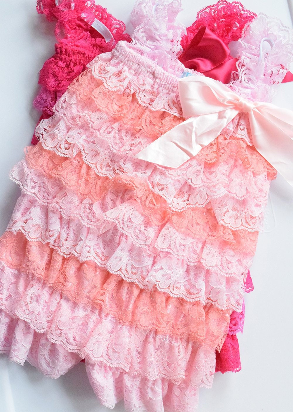 Pink and Coral Stripe Ruffled Lace Baby Romper