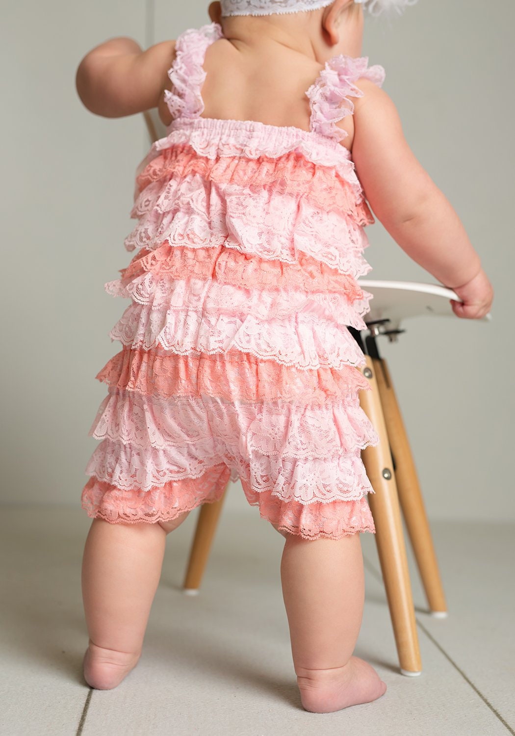 Pink and Coral Stripe Ruffled Lace Baby Romper