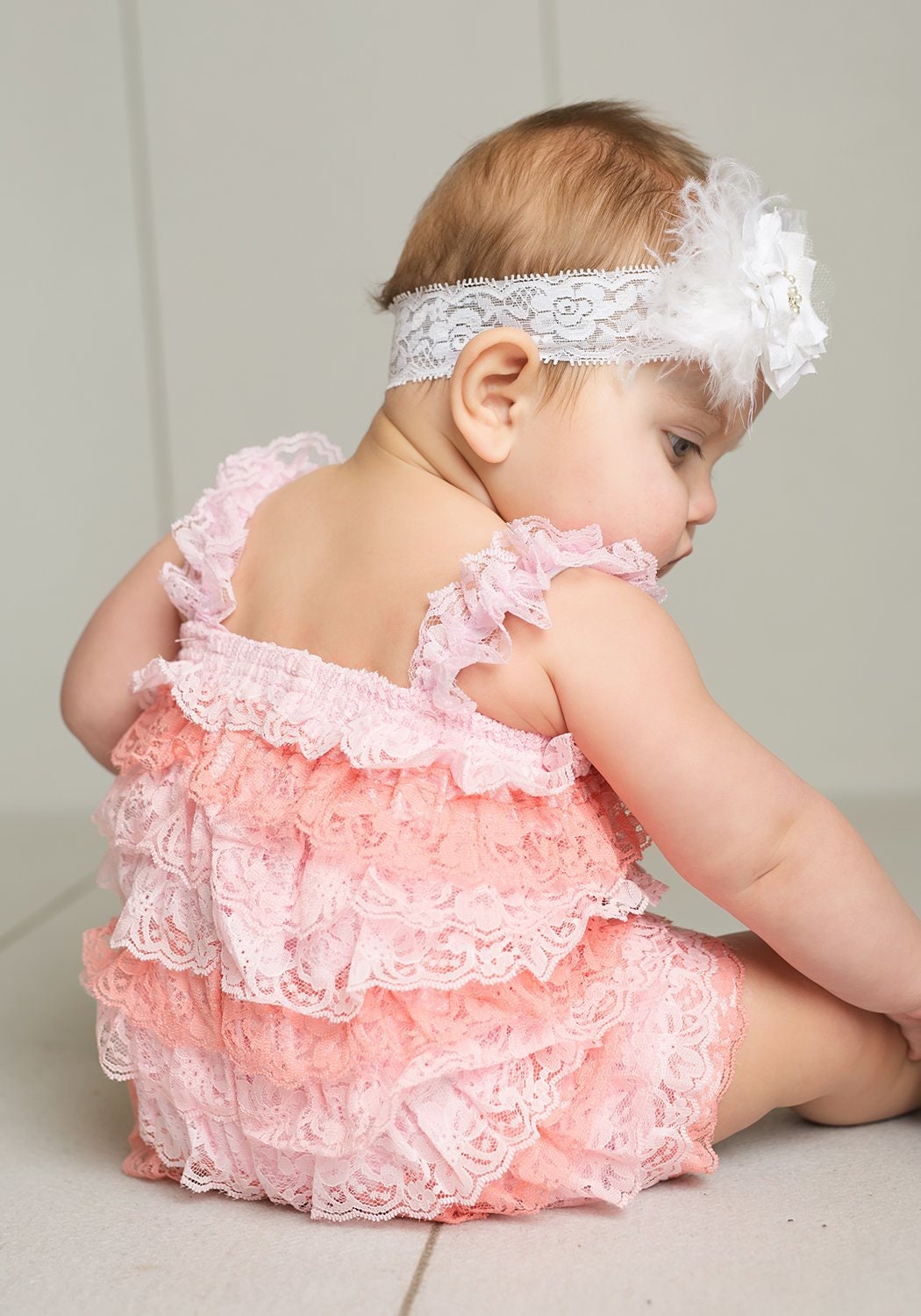 Pink and Coral Stripe Ruffled Lace Baby Romper