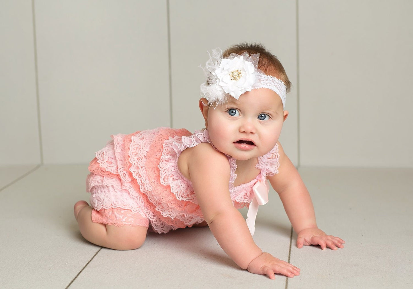 Pink and Coral Stripe Ruffled Lace Baby Romper