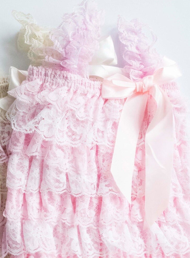 Pink and White Ruffle Lace Baby Romper, Toddler Romper, Cake Smash Romper