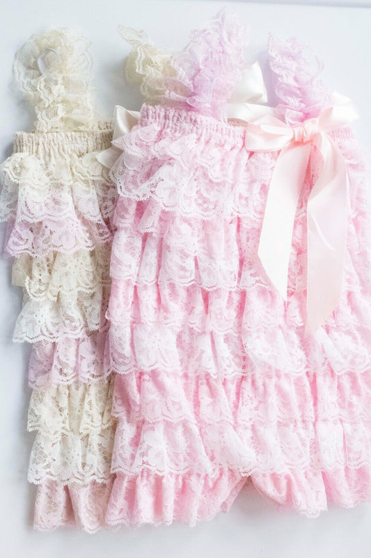 White and Pink Lace Ruffled Romper